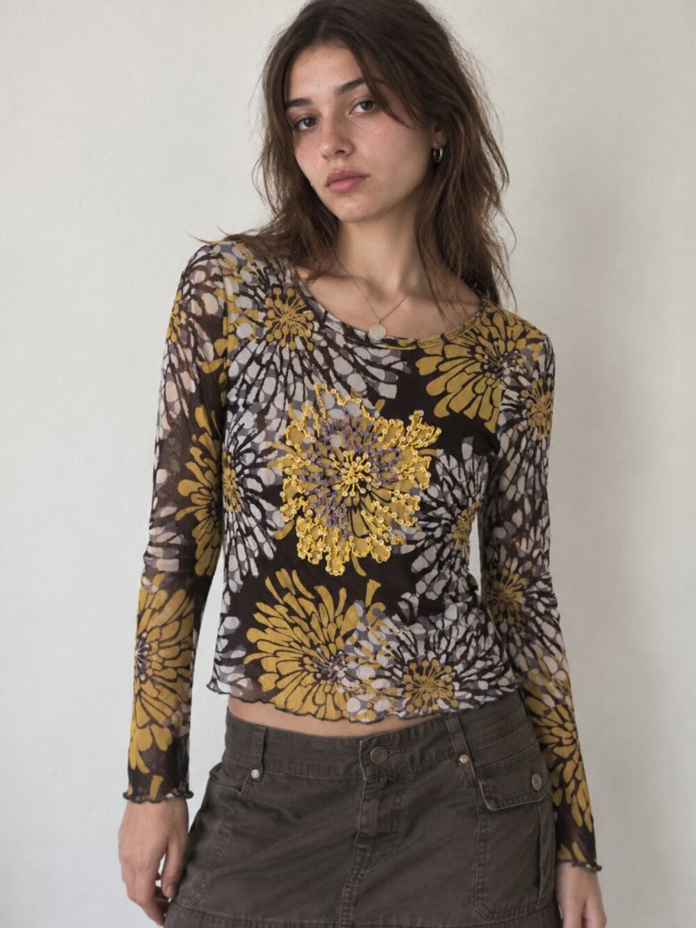 VINTAGE Y2K Floral Beaded Micromesh Long Sleeve Top Euro Indie Grunge